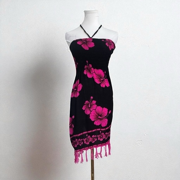Dresses & Skirts - Vintage Hawaiian Black Pink Hibiscus Strapless Dress Beach Up Festival Y2K M